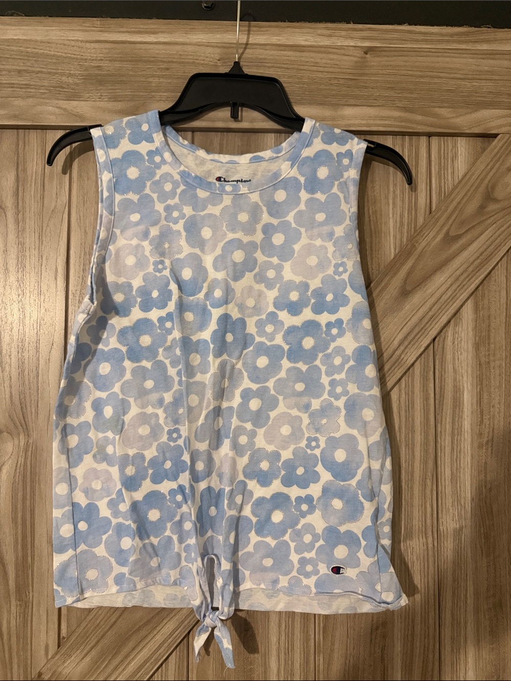 Champion Light Blue and White Floral Tie-Front Tank Top